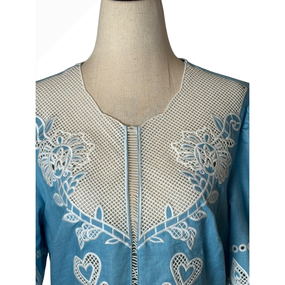 Farm Rio Midi Dress Women Medium Blue Embroidered Linen Open Back Scallop Boho - Picture 5 of 12